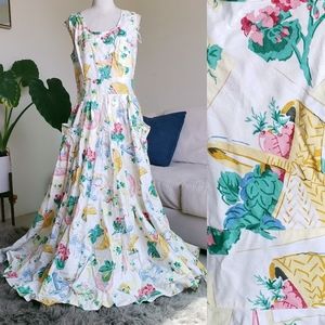 Vintage 80s Karen Alexander Picnic Floral Print White Maxi Pocket Dress